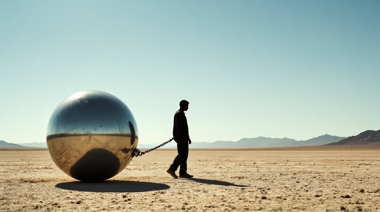 ball and chain on a person in a desert