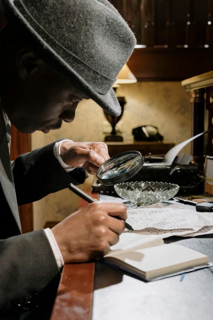 image of a detective looking at the evidence through magnifying glass inside an article by EM Law about Prima Facie