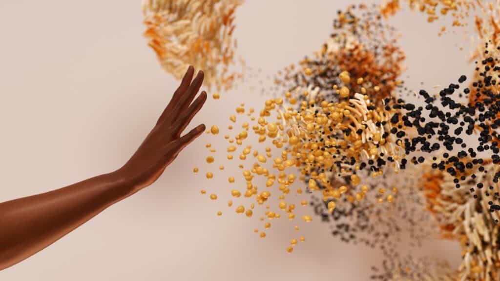a hand touching a swirl of AI abstract shapes