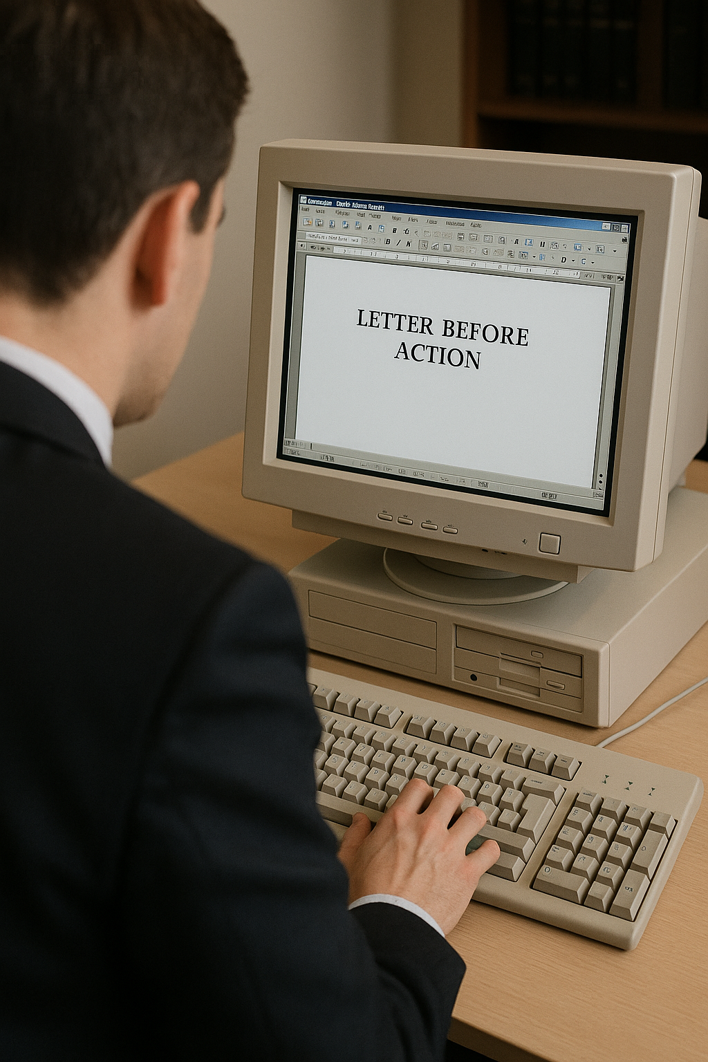 a lawyer looking into a computer with letter before action written on a screen heading an article on letter before action