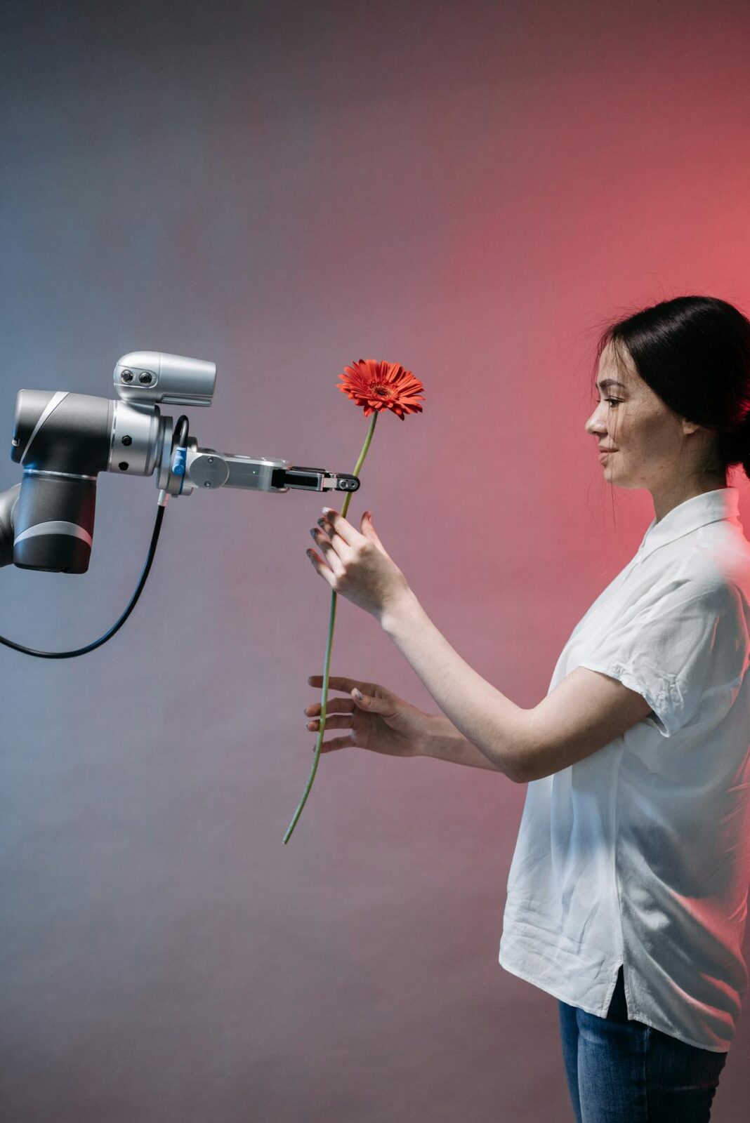 Woman giving a flower to a robotic arm in further reading section on EM Law blog about UK AI strategy