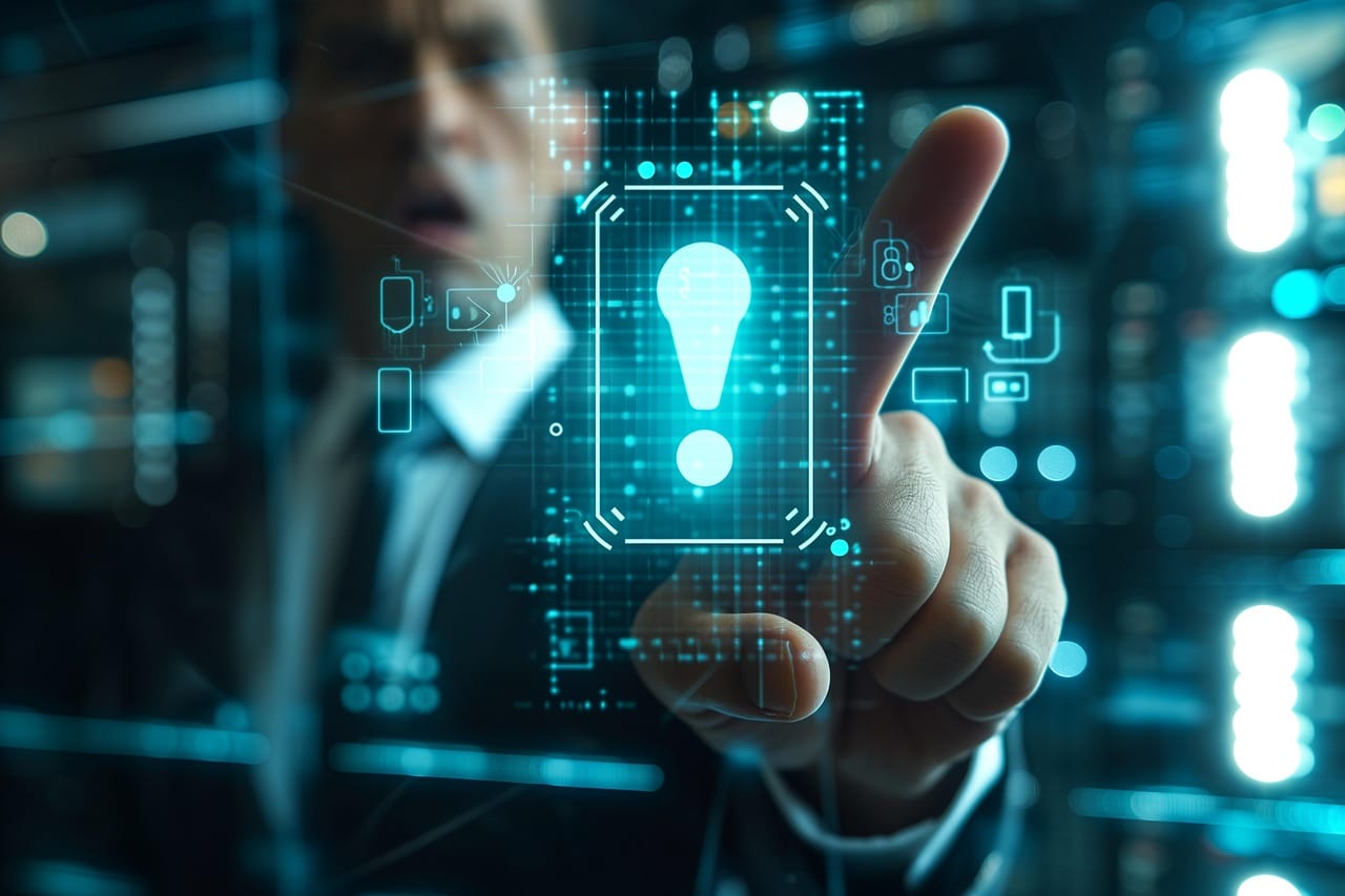 Man pointing at AI warning sign, indicating a possible AI disclaimer EM Law